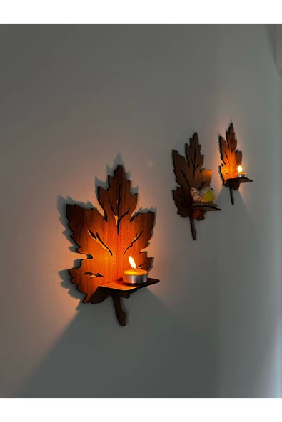 3’lü Ahşap Duvar Süsü Rafı - Yaprak Mumluk ve Dekoratif Aplik Seti - 4