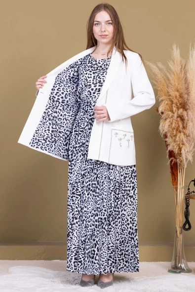 Leopar Desenli Ceketli Üçlü Takım 4715-Beyaz - 4