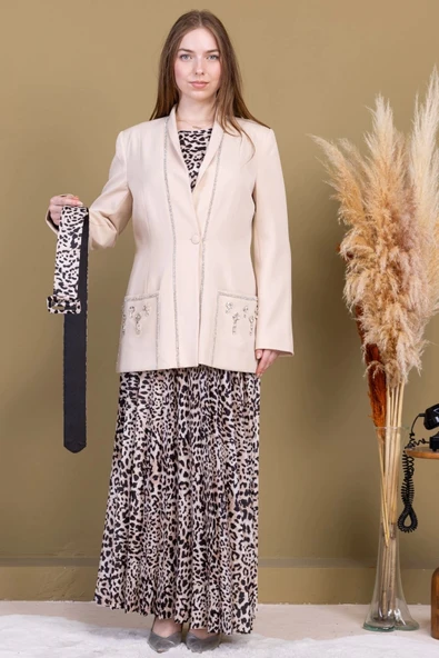 Leopar Desenli Ceketli Üçlü Takım 4715-Bej - 2