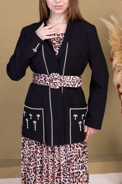 Leopar Desenli Ceketli Üçlü Takım 4715-Siyah - 6