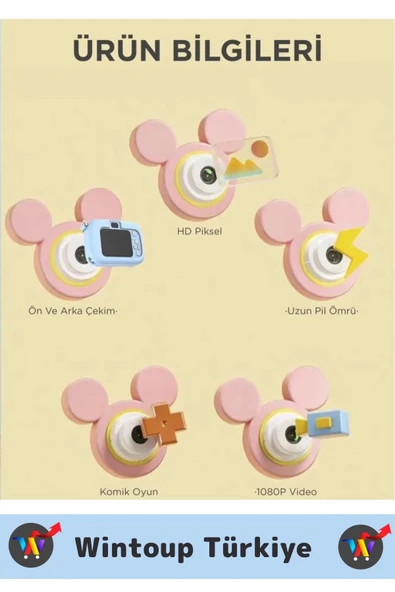 Premium 1080p HD Video Kayıt Ön Arka Çekim Filtre 5 Oyun Mini Çocuk Kamera Dijital Fotoğraf Makinesi - 8