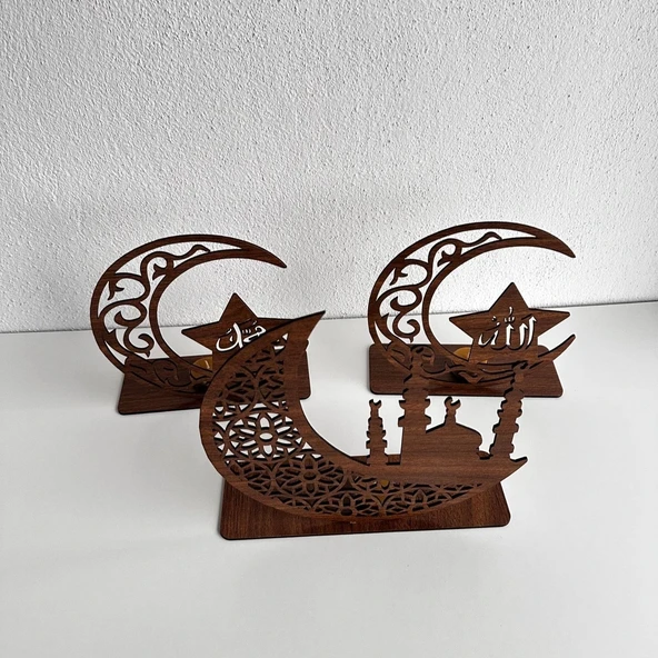 3'lü Dekor Tealight Mumluk Kahverengi Ramazan Ayına Özel - 3