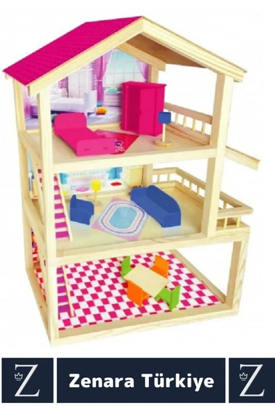 Premium Çocuk Hayal Dünyası Beceri Geliştirici El Yapımı Ahşap Eğlenceli Büyük 3 KATLI OYUN EVİ - Resim 2