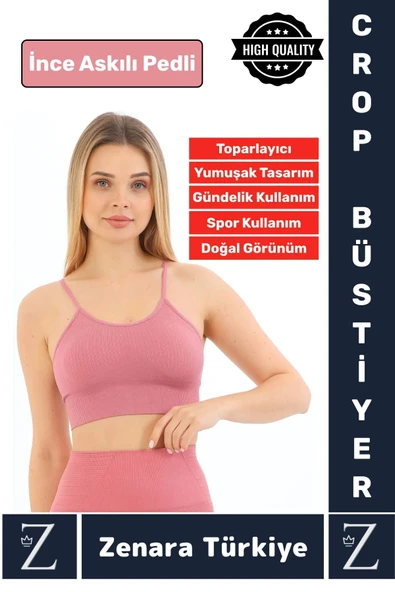 Premium Göğüs Toparlayan Sarkma Önleyen Gündelik Spor Kullanım İnce Askı Pedli Çizgili Crop Büstiyer