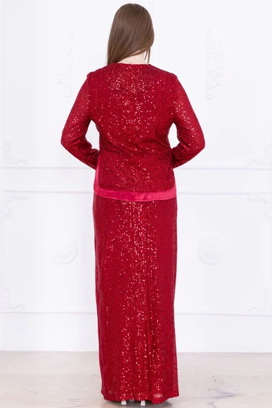 V Yaka Payetli İkili Takım 4716-Bordo - 6