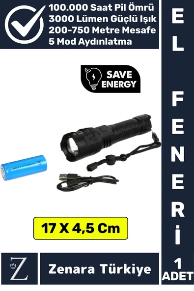 Premium Kamp Avcı Balıkçı Güvenlik Deprem 5 Modlu 3000 Lümen Güçlü Beyaz Işık Şarjlı El Feneri