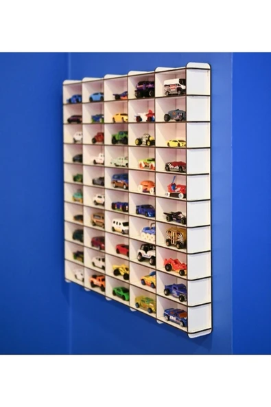 SLY-Oyuncak Araba Rafı 50'li Eskitme Beyaz (hotwheels ,matcbox Arabaları Için Uygundur)