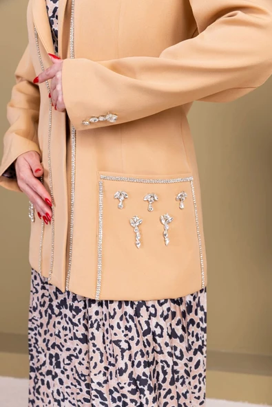 Leopar Desenli Ceketli Üçlü Takım 4715-Camel - 6