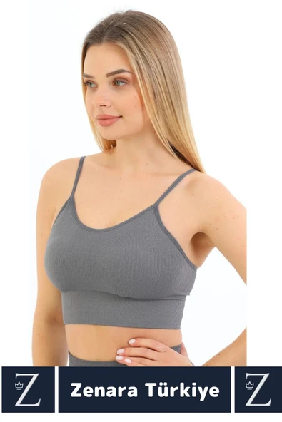 Premium Göğüs Toparlayan Sarkma Önleyen Gündelik Spor Kullanım İnce Askı Pedli Çizgili Crop Büstiyer - 2