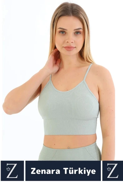 Premium Göğüs Toparlayan Sarkma Önleyen Gündelik Spor Kullanım İnce Askı Pedli Çizgili Crop Büstiyer - 2