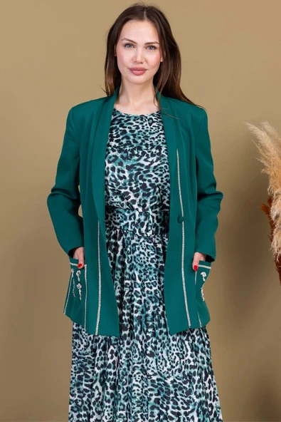 Leopar Desenli Ceketli Üçlü Takım 4715-Zümrüt Yeşili - 3