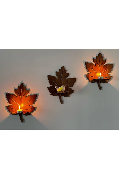 3’lü Ahşap Duvar Süsü Rafı - Yaprak Mumluk ve Dekoratif Aplik Seti - 5