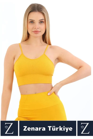 Premium Göğüs Toparlayan Sarkma Önleyen Gündelik Spor Kullanım İnce Askı Pedli Çizgili Crop Büstiyer - Resim 2