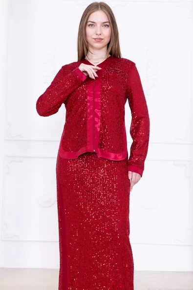 V Yaka Payetli İkili Takım 4716-Bordo - 2