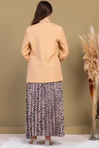 Leopar Desenli Ceketli Üçlü Takım 4715-Camel - 8