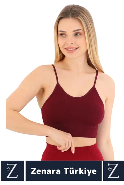 Premium Göğüs Toparlayan Sarkma Önleyen Gündelik Spor Kullanım İnce Askı Pedli Çizgili Crop Büstiyer - 2