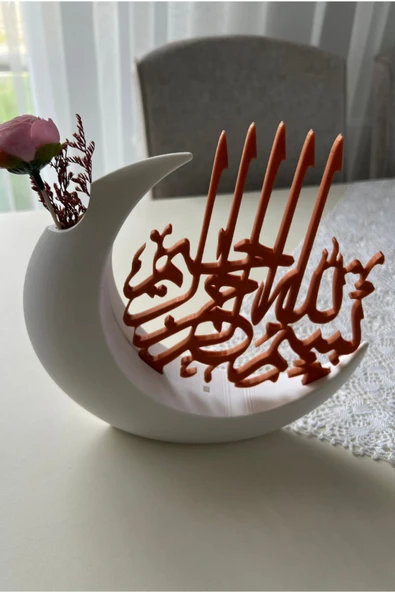 Bismillah Yazılı Hilal Mini Vazosu | Çiçek Bölmeli İslami Ev Dekoru - 4