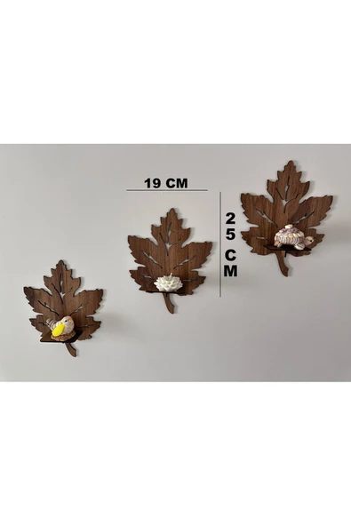 3’lü Ahşap Duvar Süsü Rafı - Yaprak Mumluk ve Dekoratif Aplik Seti - 3