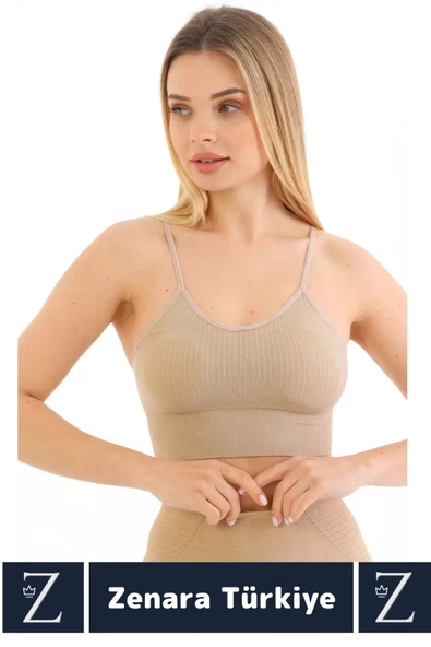 Premium Göğüs Toparlayan Sarkma Önleyen Gündelik Spor Kullanım İnce Askı Pedli Çizgili Crop Büstiyer - 2