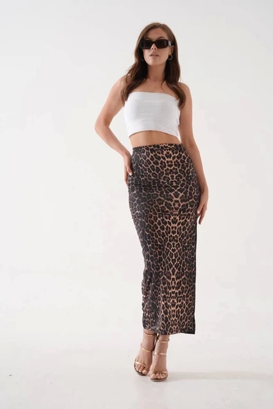 Uzun yırtmaçlı ince kumaş etek leopar - 5