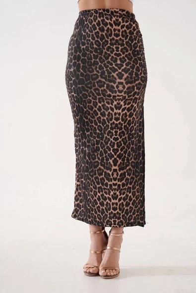 Uzun yırtmaçlı ince kumaş etek leopar - 8