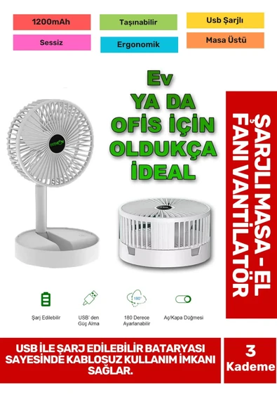 Ultra Sessiz 3 Kademeli Hafif Kablosuz 1200mAh Pervane Taşınabilir Usb Şarjlı Masa El Fan Vantilatör - 1