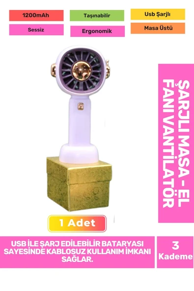 3 Kademeli Ultra Sessiz Hafif Kablosuz 1200mAh Pervaneli Taşınabilir Usb Şarj Masa El Fan Vantilatör ürün görseli 1
