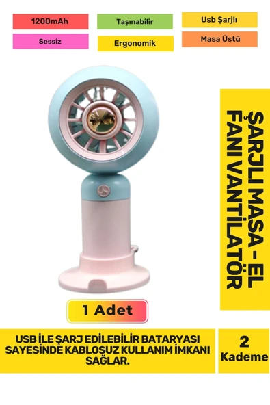Ultra Sessiz 2 Kademeli Hafif Kablosuz 1200mAh Pervaneli Taşınabilir Usb Şarj Masa El Fan Vantilatör ürün görseli 1