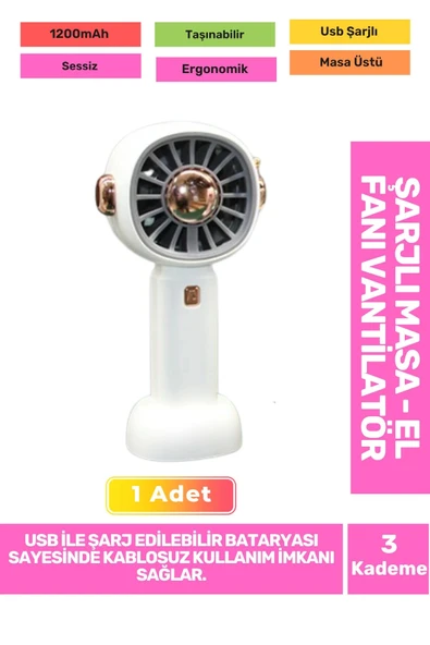 3 Kademeli Ultra Sessiz Hafif Kablosuz 1200mAh Pervaneli Taşınabilir Usb Şarj Masa El Fan Vantilatör ürün görseli 1