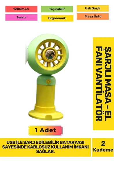 Ultra Sessiz 2 Kademeli Hafif Kablosuz 1200mAh Pervaneli Taşınabilir Usb Şarj Masa El Fan Vantilatör ürün görseli 1