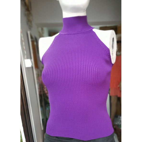 KOLSUZ YARIM BALIKÇI LASTİK ÖRGÜ TRİKO KAZAK - RENK: MOR - BEDEN: S/M (36/38) - BEDEN BOYU : 55 cm - 2