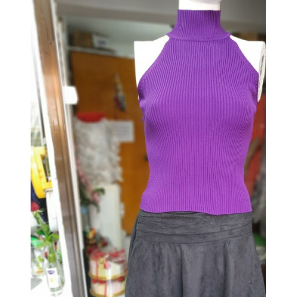 KOLSUZ YARIM BALIKÇI LASTİK ÖRGÜ TRİKO KAZAK - RENK: MOR - BEDEN: S/M (36/38) - BEDEN BOYU : 55 cm - 4