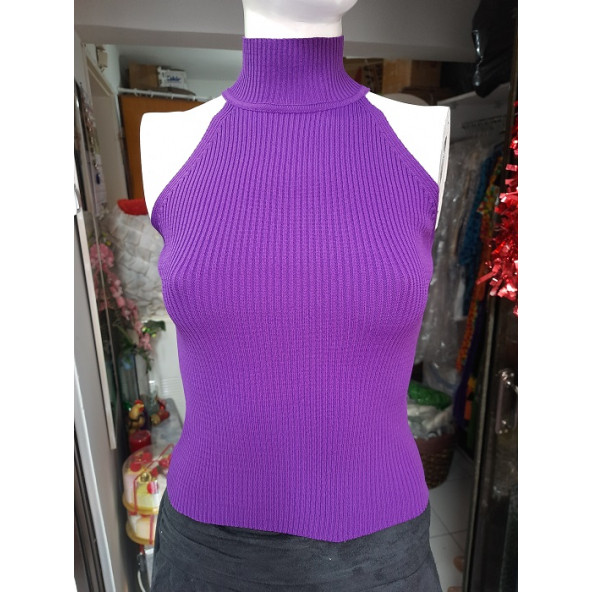 KOLSUZ YARIM BALIKÇI LASTİK ÖRGÜ TRİKO KAZAK - RENK: MOR - BEDEN: S/M (36/38) - BEDEN BOYU : 55 cm - 5