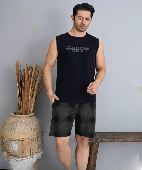 Pijamoni Erkek Bisiklet Yaka Kolsuz Şortlu Pijama Takımı 6185/3 - 1 Adet  Siyah 2XL