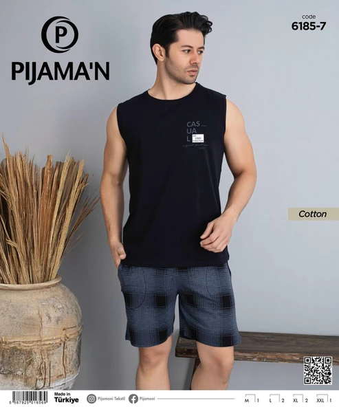 Pijamoni Erkek Bisiklet Yaka Kolsuz Şortlu Pijama Takımı 6185/7 - 1 Adet  XL Siyah - 2