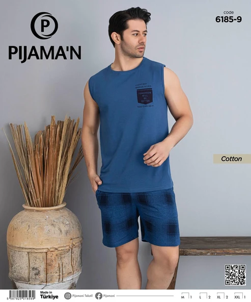 Pijamoni Erkek Bisiklet Yaka Kolsuz Şortlu Pijama Takımı 6185/9 - 1 Adet  XL Mavi - Resim 2