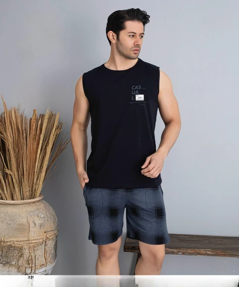 Pijamoni Erkek Bisiklet Yaka Kolsuz Şortlu Pijama Takımı 6185/7 - 1 Adet  Siyah 2XL ürün görseli 1