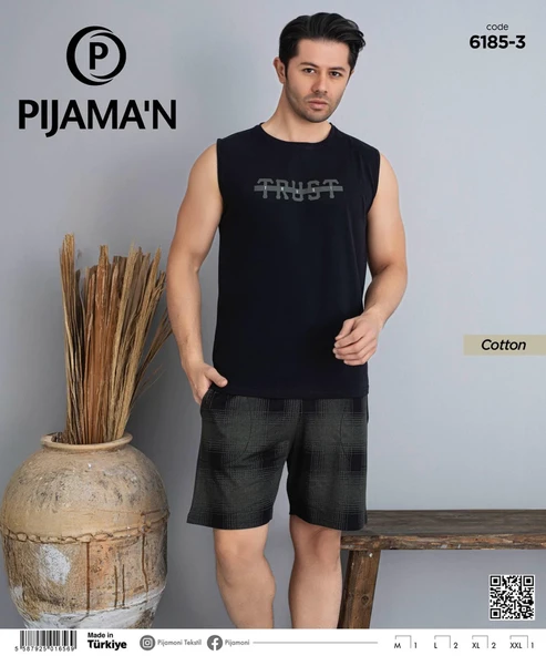 Pijamoni Erkek Bisiklet Yaka Kolsuz Şortlu Pijama Takımı 6185/3 - 1 Adet  XL Siyah - Resim 2