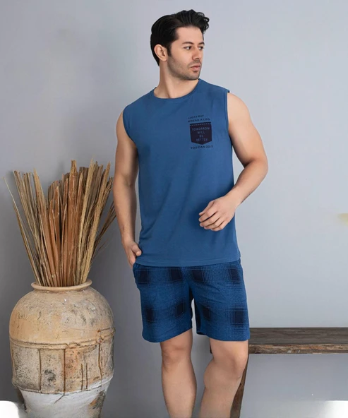 Pijamoni Erkek Bisiklet Yaka Kolsuz Şortlu Pijama Takımı 6185/9 - 1 Adet  XL Mavi ürün görseli