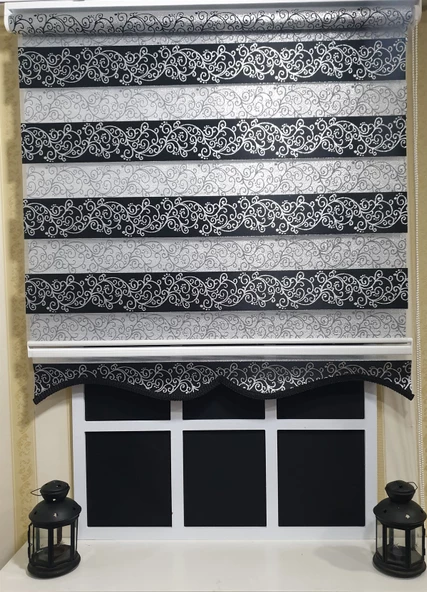 Zebra Stor Perde Siyah Sarmaşık Desen Gümüş Simli  Etek Dilimli STB9300 V 03  Siyah 120 x 200 - Resim 4