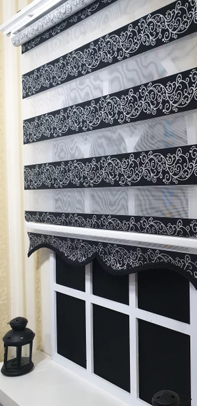 Zebra Stor Perde Siyah Sarmaşık Desen Gümüş Simli  Etek Dilimli STB9300 V 03  Siyah 120 x 200 - Resim 2