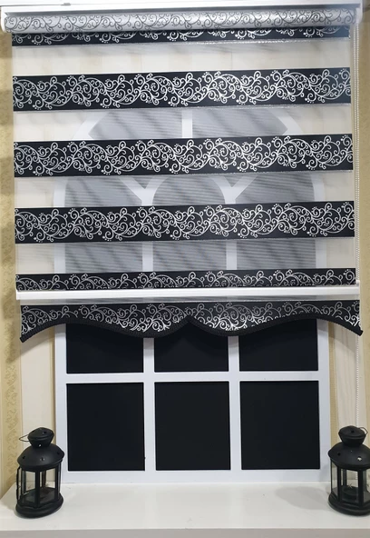 Zebra Stor Perde Siyah Sarmaşık Desen Gümüş Simli  Etek Dilimli STB9300 V 03  Siyah 120 x 200 - Resim 3