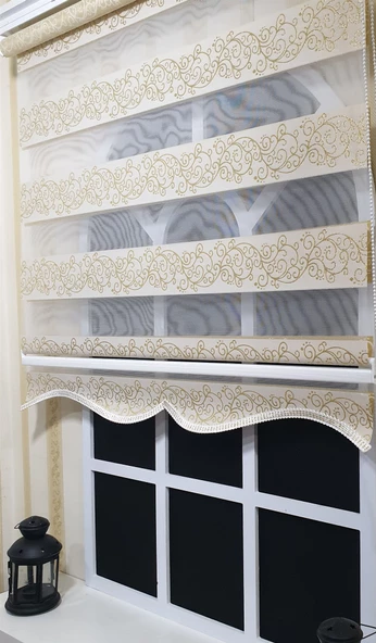 StorBurada Zebra Stor Perde Sarı Sarmaşık Desen Altın Simli  Etek Dilimli STB9300 V 02  Sarı 80 x 200 - Resim 2