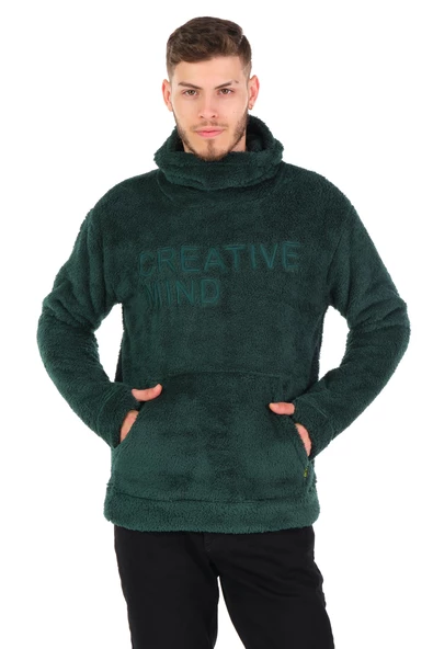 Erkek Kapüşonlu Maskeli Kanguru Cepli Kendinden Eldivenli Kalın Kışlık Peluş Sweatshirt