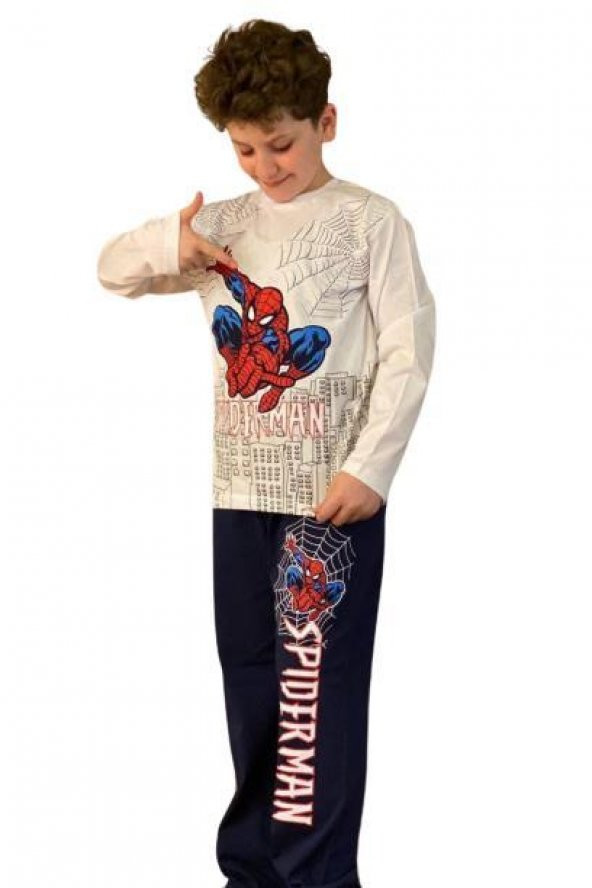 Erkek Çocuk Spiderman Baskılı Uzun Kol Beyaz Pijama Takım