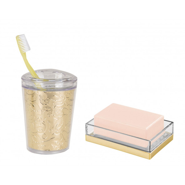 ZBOSP-C152 DİŞ FIRÇALIK VE SABUNLUK 2 Lİ BANYO SETİ''ALTIN YAPRAKLI - Resim 2