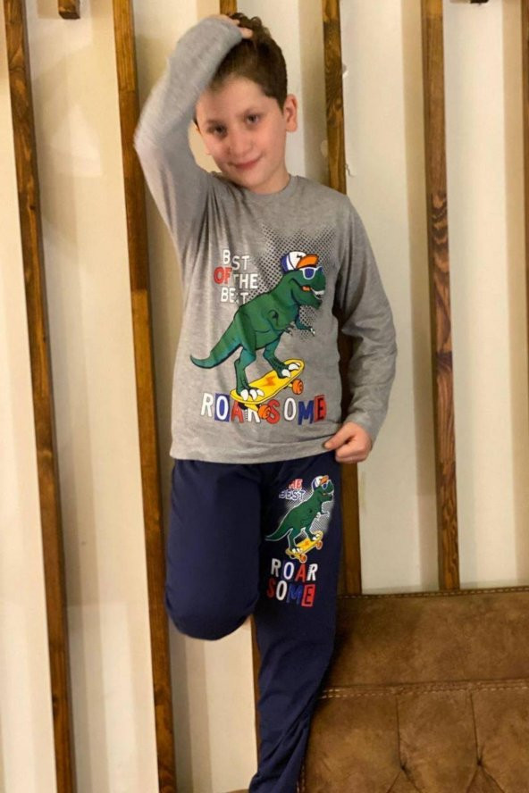 Erkek Çocuk Dinozor Baskılı Gri Pijama Takımı