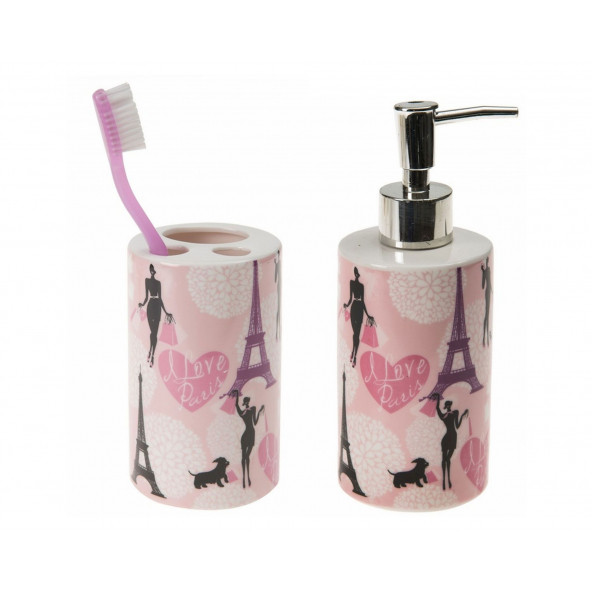 ZBOSP-C182 SIVI SABUNLUK VE DİŞ FIRÇALIK 2 Lİ BANYO SETİ PARİS MODEL SERAMİK - Resim 3