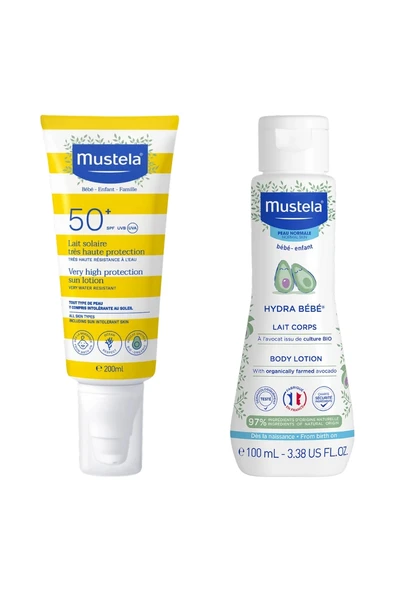 Mustela SPF50+ Çok Yüksek Koruma Faktörlü Güneş Losyonu 200ml + Hydra Bebe Vücut Losyonu 100ml