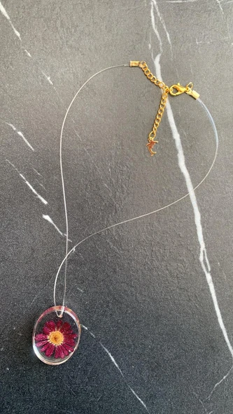 Şeffaf Renkli Kurutulmuş Mor Papatya Oval Şekilli Yunuslu Gold Aksesuarlı Misinalı Epoksi Kolye - 8